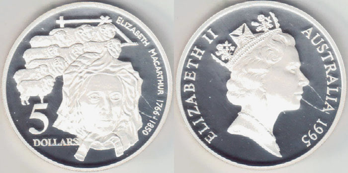 1995 Australia silver $5 (Macarthur)